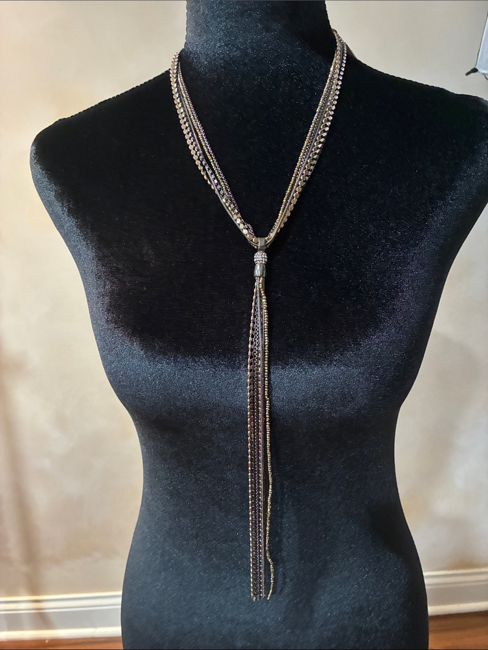 White House Black Market Gold and Black Multi-Strand Tassel Necklace